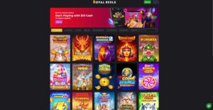 Royal Reels online casino homepage with slot games library and $10 free welcome bonus no deposit required