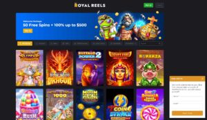 Royal Reels online casino homepage with slot games lobby, welcome bonus banner and live chat support widget