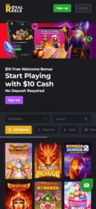 Royal Reels mobile casino homepage with slot games and $10 free welcome bonus no deposit required