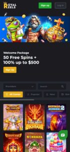 Royal Reels mobile online casino with welcome package offering 50 free spins and 100 percent bonus up to 500 dollars