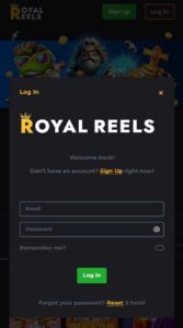 Royal Reels casino login form with email and password fields on a dark themed online slots and gambling platform